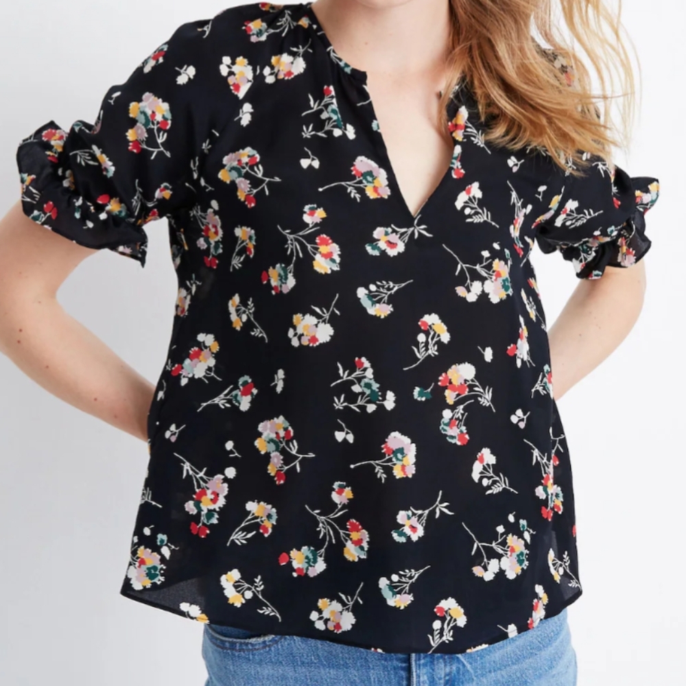 Madewell Floral Black Top, Size Small